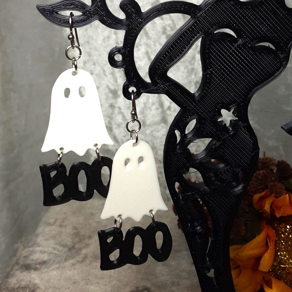 Handmade 3D Printed Ghost Boo Earrings Halloween White Black
